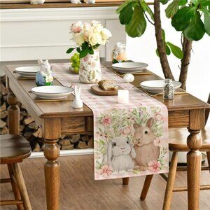Bunny Rabbit Flowers Leaves Pink Buffalo Plaid Easter Table Runner
